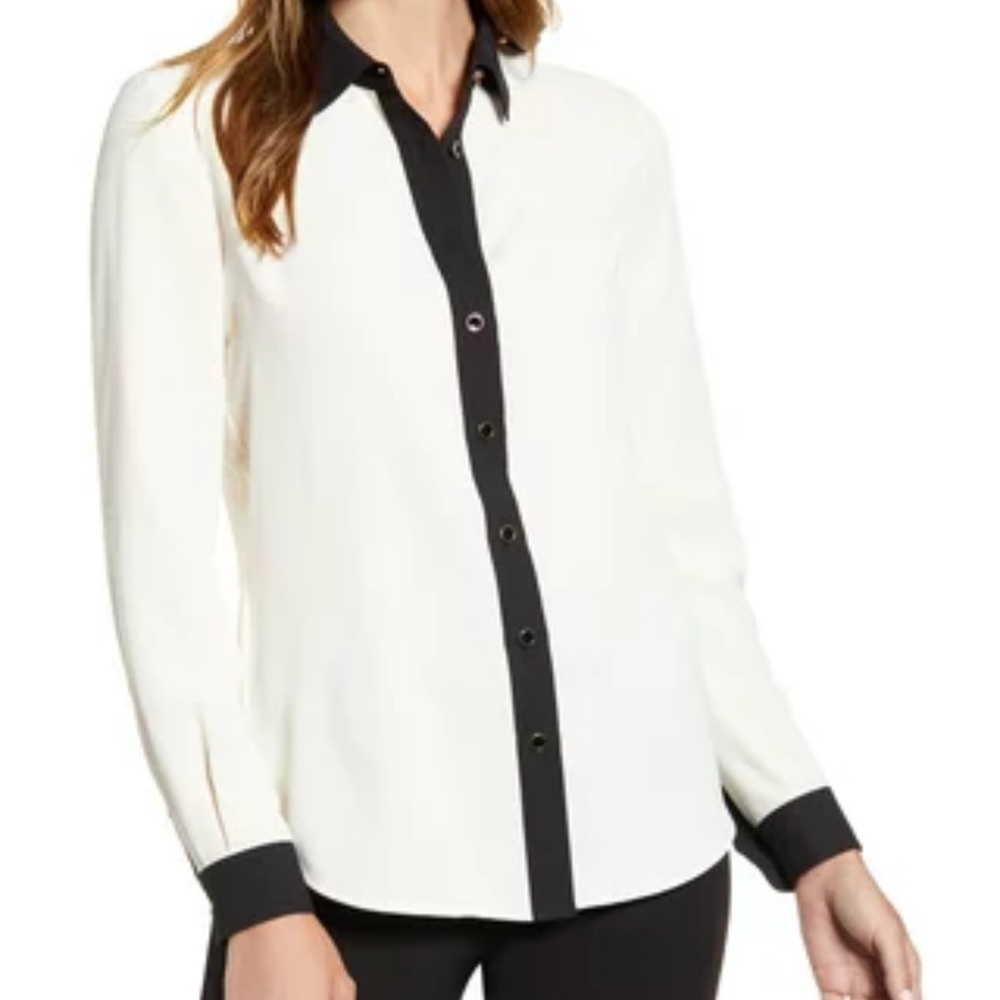 EUC Anne Klein Long Sleeve Women’s Button Down with black gold detailing size 10